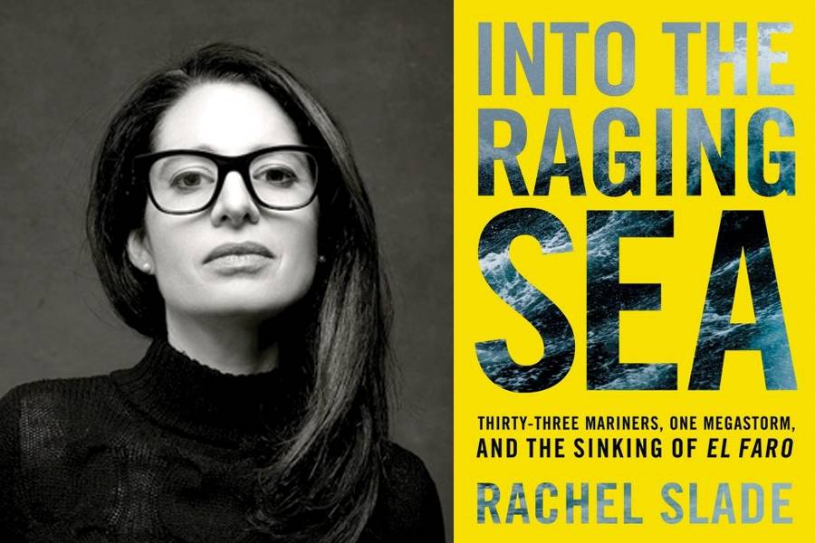 Rachel Slade next to her book cover of Into the Raging Sea